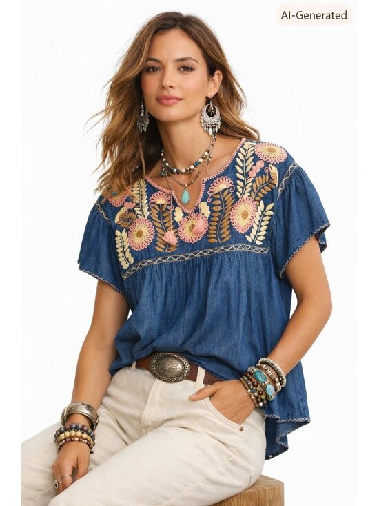 None Tops - Denim Tunic Top Boho Santa Fe Western Floral Embroidery Flutter Sleeves Womens M